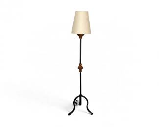 83 IronWoodFloorLampwTripodBaseFabricShade