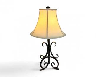 193 WroughtIronTripodTableLampwScrollworkBaseShade