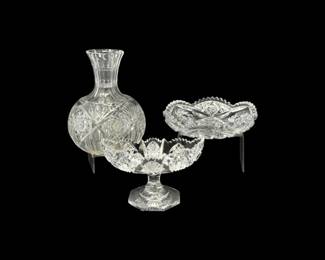 179 HawkesCutCrystalOvalDishCrystalVasePedestalBowl3Pc