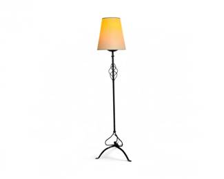 137 WroughtIronFloorLampwScrollworkBaseFabricShade