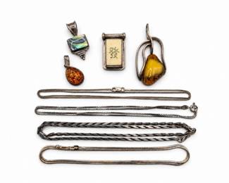 82 SterlingSilverNecklaceChainsAssortedGemstonePendants8Pcs