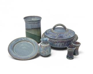53 SignedSpringerStudioPotteryCollectionBlueGlaze6Pc