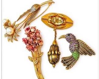 Lot #100 Vintage Figural Brooch Collection – Rhinestone Hummingbird, Floral Bouquets &