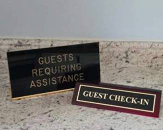 Lot #J65 Lot of 2 Hotel Guest Check-In & Assistance Desk Signs – Black Gold Hospitality Signage
