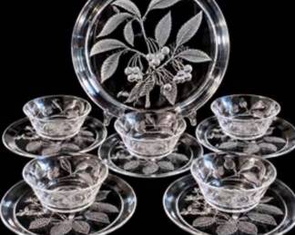 Lot #D33 Vintage Luminarc Délice Cherry Pattern Glass Dessert Set – Cake Platter, Five Cups & Saucers – France