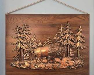 Lot #J55 Vintage Style Buffalo Bison Wall Art Plaque – 3D Copper Tone Metal Relief – Rustic Western Wildlife Decor