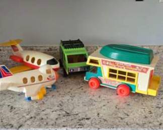 Lot #J72 Vintage Fisher- Price Family Camper, Safari Vehicle, Fisher Price Airplane and Playmobil airplane