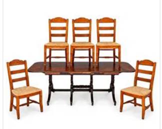 Lot #J53 Vintage Wood Dining Table & 5 Ladder Back Chairs – Double Pedestal – 4 Extension Leaves – Farmhouse Style