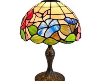 Lot #E76 Tiffany-Style Stained Glass Floral Table Lamp with Blue Flowers & Bronze-Tone Base