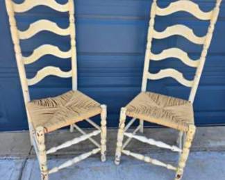 Lot #J52 Pair of Vintage Ladder Back Chairs – Woven Rush Seats – Distressed Cream Paint – Rustic Farmhouse Decor