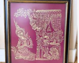 Lot #D114 Traditional Thai Gold Figure Artwork on Deep Red Ground – Ornate Black & Gilt Frame