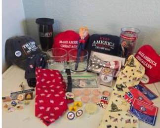 Lot #D28 Huge MAGA Trump Political Memorabilia Collection – Hats, Glassware, Ties, Pins & Campaign Collectibles