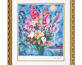 Lot #D17 Marc Chagall Colorful Floral Bouquet Framed Art Print – Signed in Plate – Large Decorative Artwork
