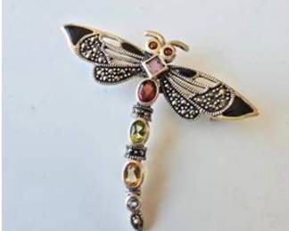 Lot #103 Sterling Silver Dragonfly Brooch with Marcasite & Multicolored Gemstone Accents