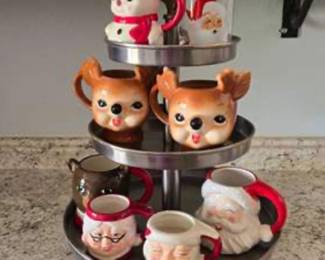 Lot #J71 Vintage Christmas Character Mugs Lot of 7 w/ 3 Tier Pottery Barn Metal Display Stand