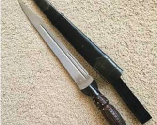 Lot #D116 Decorative Dagger with Ornate Carved Handle, Fullered Blade & Black Scabbard
