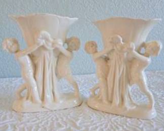 Lot #D36 Antique Style White Porcelain Cherub Vases & Reticulated Floral Vases – Collection of two