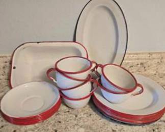 Lot #J62 Vintage Enamelware Dish Lot – White with Red & Black Trim – Plates, Cups, Saucers & Serving Trays – Farmhouse