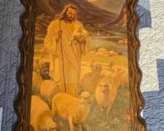 Lot #J56 Vintage Jesus Good Shepherd Wall Plaque – The Plaque Factory – Christian Religious Art – Wood Frame