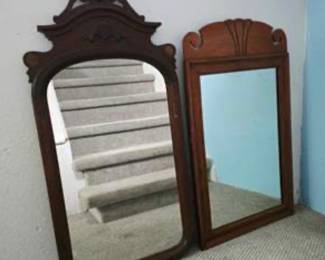 Lot #J57 Pair of Vintage Ornate Wood Framed Mirrors – Victorian Style & Carved Decorative Tops – Antique Home Decor