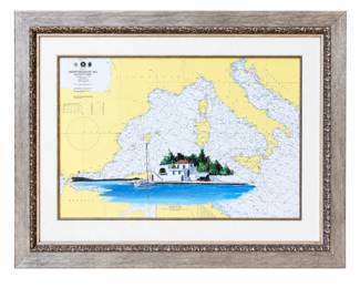 Lot #D18 Framed Mediterranean Nautical Chart Artwork – Yacht Illustration with Certificate of Authenticity