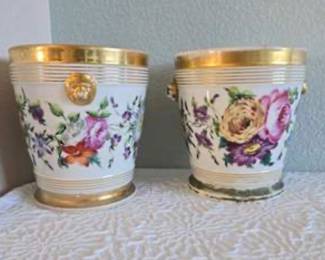 Lot #D30 19th Century Old Paris Porcelain Cachepots – Pair of Hand-Painted Floral Jardinières with Gilt Lion Head Handles