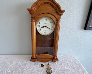 Lot #E92 Howard Miller 625-282 Wooden Wall Clock with Pendulum – Working Clock – Pendulum Needs Repair