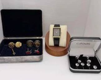 Lot #D122 Vintage Men's Accessories Collection – Cufflinks, Tie Tacks & Wristwatch with Presentation Cases