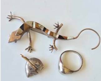 Lot #94 Vintage Sterling Silver Lizard Brooch & Southwestern Jewelry Collection – Three Pieces