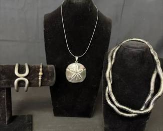 Sterling Silver Sanddollar Pendant Necklace, Flexible Twist Chain & Bracelets Set