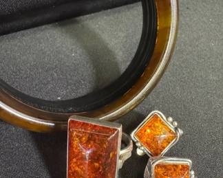 Sterling Silver Ring, Polish Amber Clip-On Earrings & Bangle Bracelet