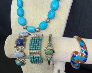 Sterling Silver Turquoise Beaded Statement Necklaces, Mosaic Inlay Cuff & Rings Collection