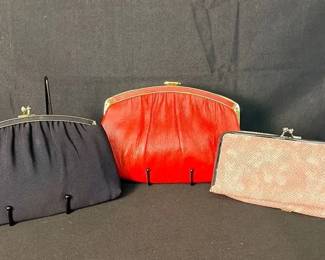 Ande Clutch Purses Two - Red Leather & Navy Fabric | Pink Snakeskin-Style Clutch