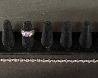 Sterling Silver Amethyst & Diamond Accent Ring (Size 6) with Station Bracelet