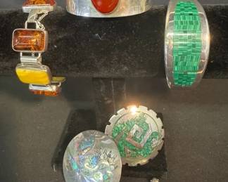 Sterling Silver Taxco Artisan Isabel J. Porcayo Carnelian Cuff, Amber Bracelet & Inlay Jewelry