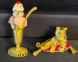 Bob Mackie Pins - Ice Cream Sundae & Tiger Pin Pair