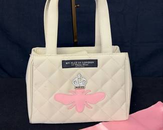 My Flat in London Purse Quilted White Canvas Tote with Crown & Bee Accents