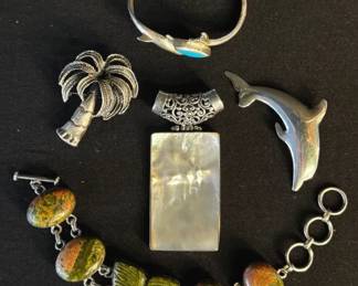 Sterling Silver Southwestern Inlay Dolphin Pin, Beaded Necklaces & Cuff Assortment