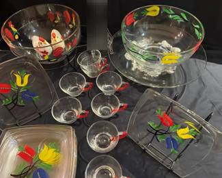 Hazel Atlas Snack Sets of 8 Vintage Gay Fad Satin Tulip Glass Plates & Cup
