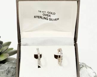 39 18KGoldOverSilverDiamondAccentHoopEarrings