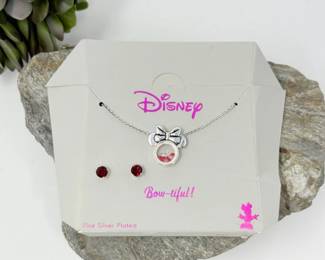 174 DisneySilverPlatedMinnieMouseBowNecklaceRedStudEarrings