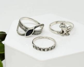 44 SterlingSilverRingswithBlackStoneHeartsFrog