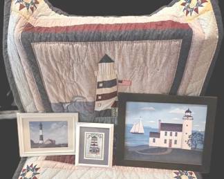 Lighthouse Patchwork Quilt and Framed Decor Lot 4 PC