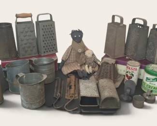 Vintage Graters, Spring Balance Scales, Folk Art Cloth Doll