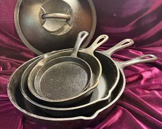 Four Cast Iron Pans W Handled Lid