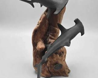 Vintage John Perry Dual Hammerhead Shark Burl Wood Sculpture