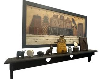 Primitive Country Heart Cutout Wooden Wall Shelf Framed Primitive Welcome Art
