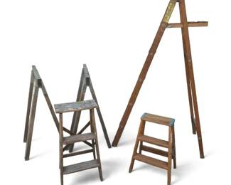 Collection of Vintage Wooden Ladders and Step Stools