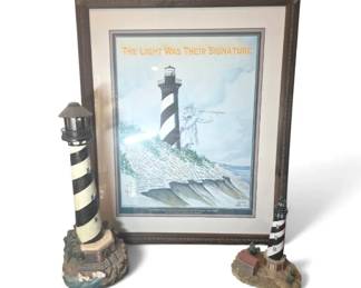 Vintage Cape Hatteras Lighthouse Collectibles Lot Framed Commemorative Poster Figurine Sculpture