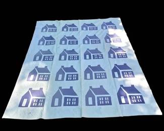 Vintage Blue White Little Red Schoolhouse Patchwork Quilt Top Folk Art